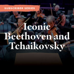 the words iconic beethoven and tchaikovsky over a faded background